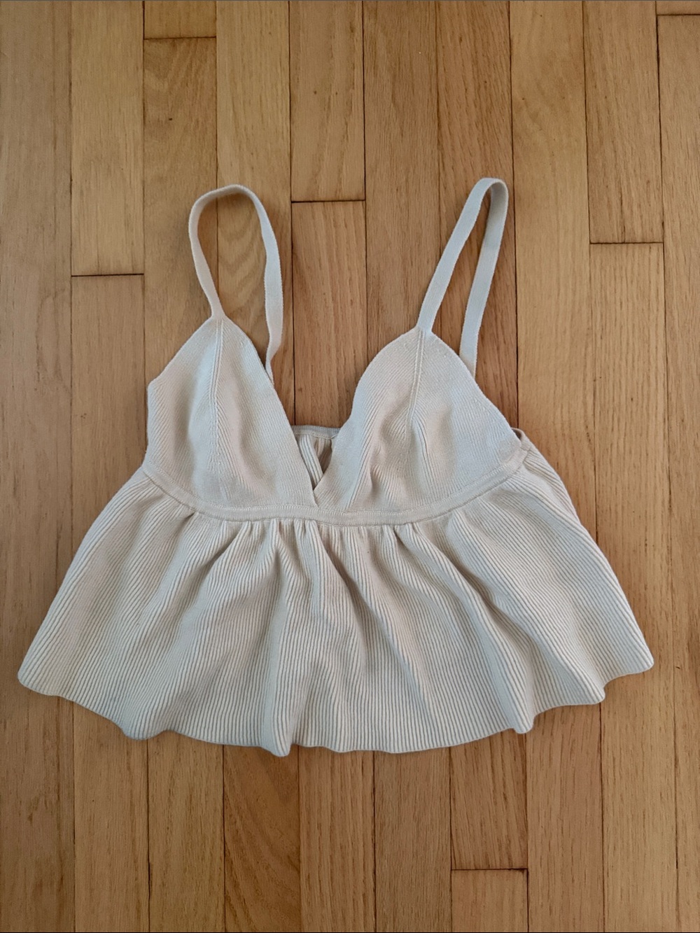 Sezane Cream Ribbed Peplum Tank Top